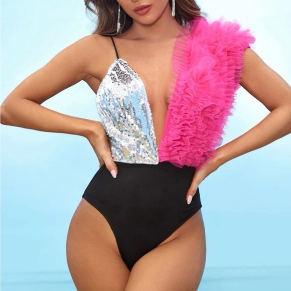 Pink tulle silver sequin high waist black bodysuit Plunge Neck concert festival - Picture 3 of 6